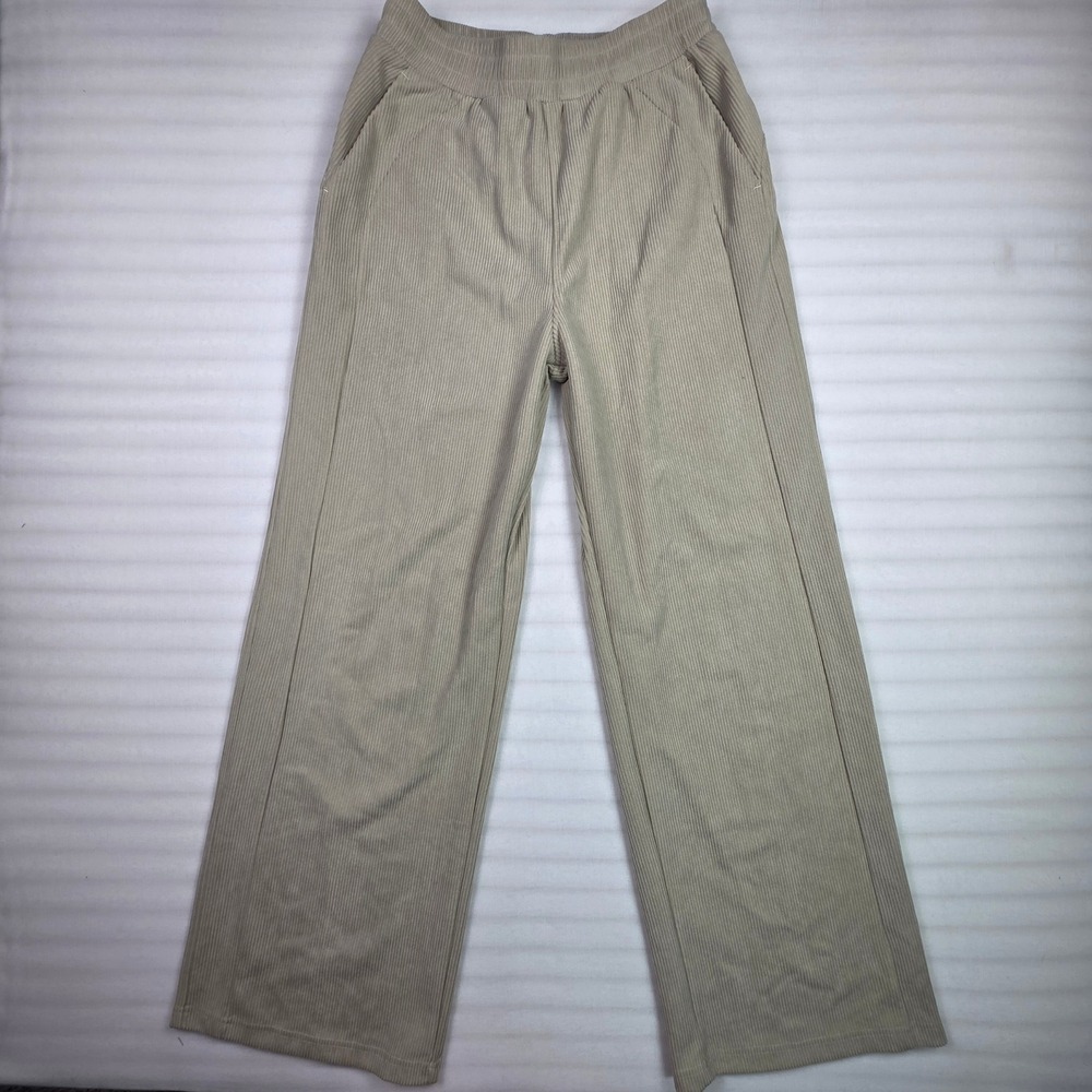 Womens Beige Wide Leg Corduroy Pants Elastic Waist High Rise Trousers M Tall